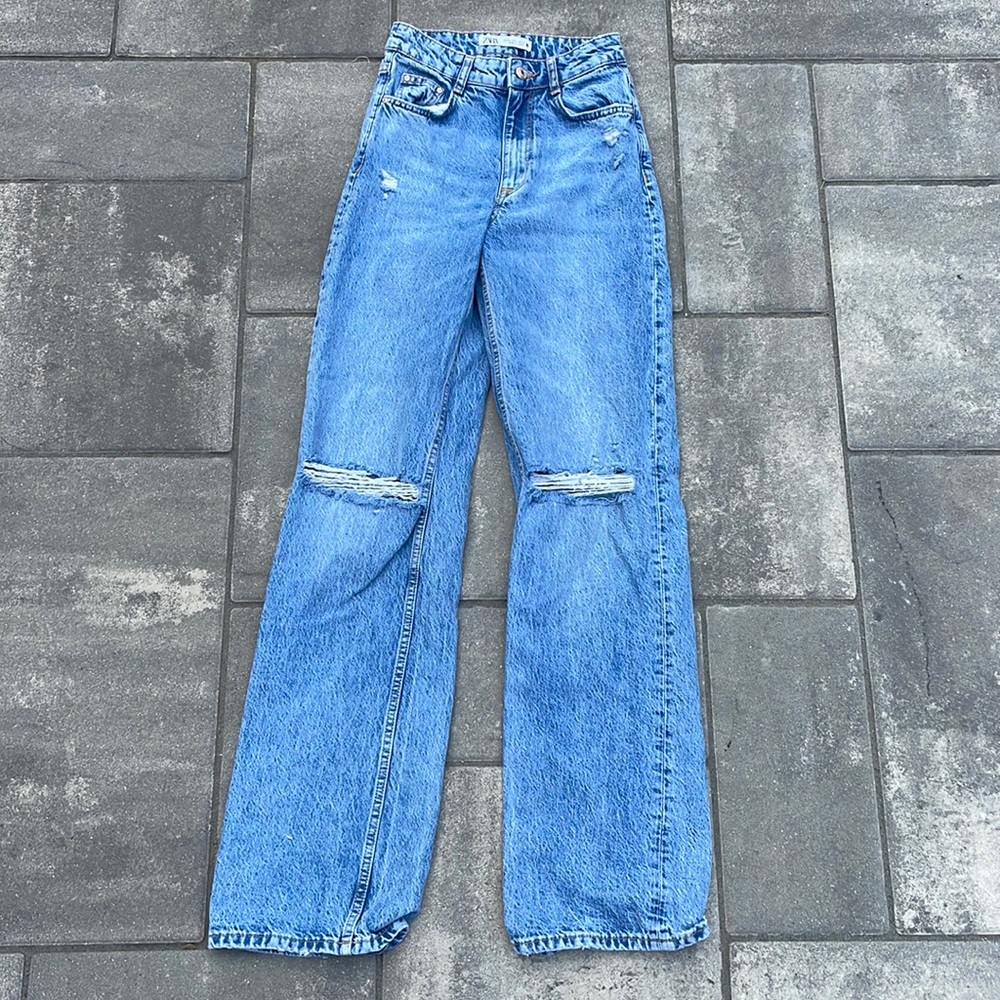 Blue Full-Length Zara Ripped Jeans